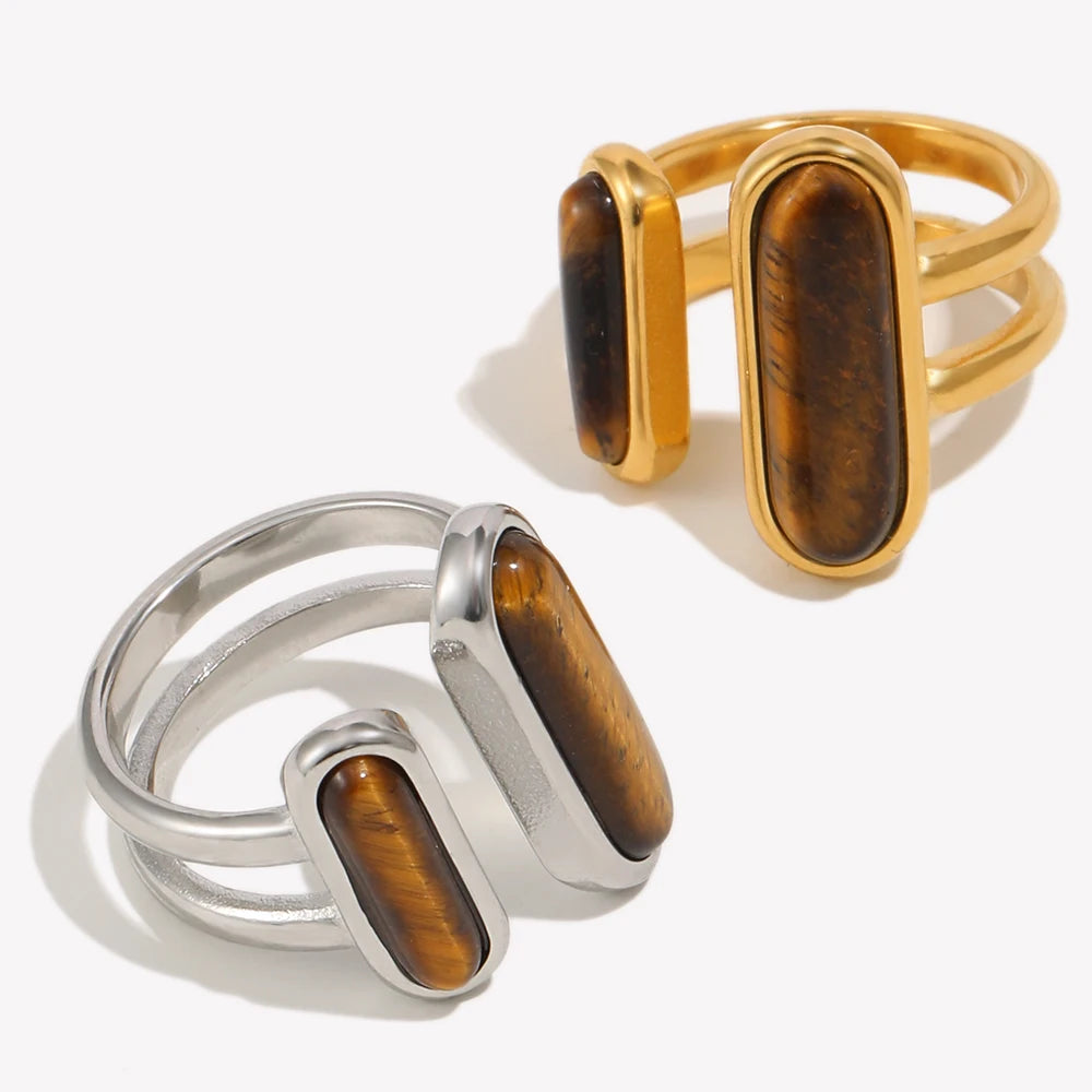 Dual Tiger’s Eye Ring – 18K Gold Plated Adjustable Stainless Steel Statement Ring