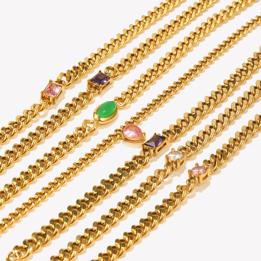 E.B.belle Shiny Water Drop Oval Rectangle Zircon Pendant Choker Necklace Gold Plated Stainless Steel Cuban Chain Woman Jewelry