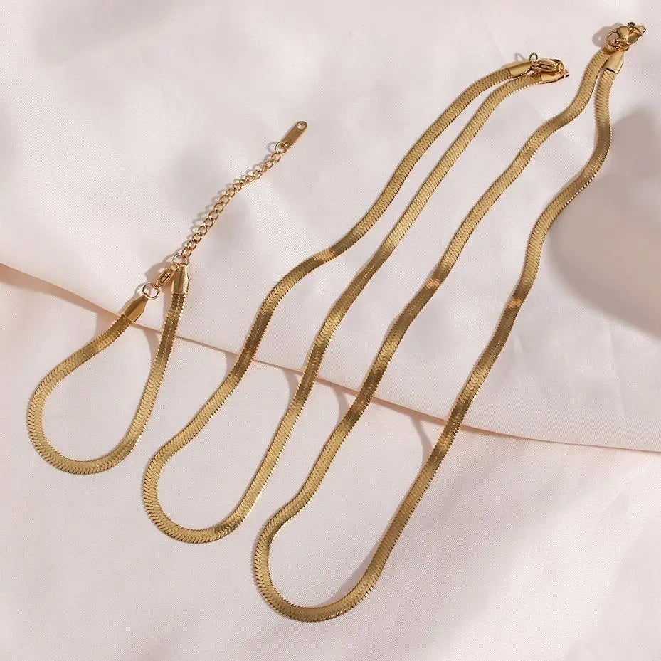 E.B.belle Stainless Steel Waterproof Herryingbone Chain Necklaces For Women Minimalist Gold Plated Blade Chain Bracelet Anklets