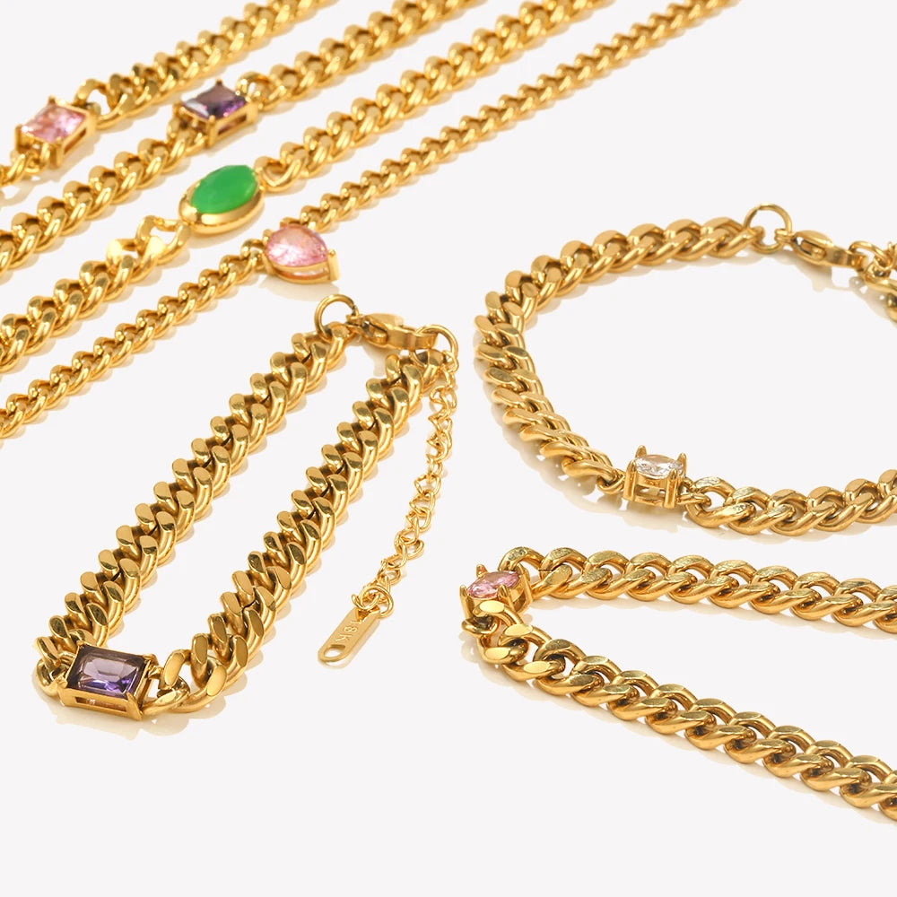 E.B.belle Shiny Water Drop Oval Rectangle Zircon Pendant Choker Necklace Gold Plated Stainless Steel Cuban Chain Woman Jewelry