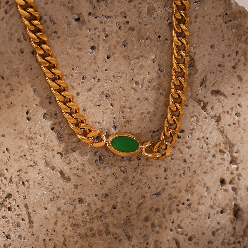 E.B.belle Shiny Water Drop Oval Rectangle Zircon Pendant Choker Necklace Gold Plated Stainless Steel Cuban Chain Woman Jewelry