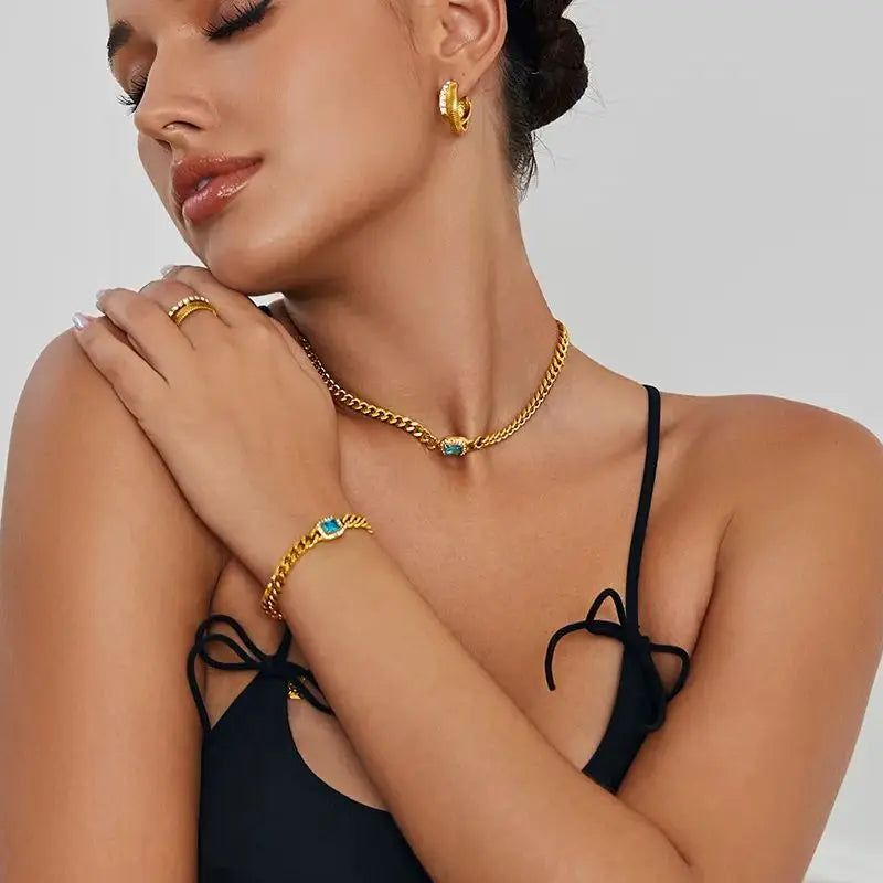 E.B.belle Cubic Zirconia Chunky Cuban Chain Choker Necklace Bracelet Jewelry Set For Women Vintage Stainless Steel Accessories