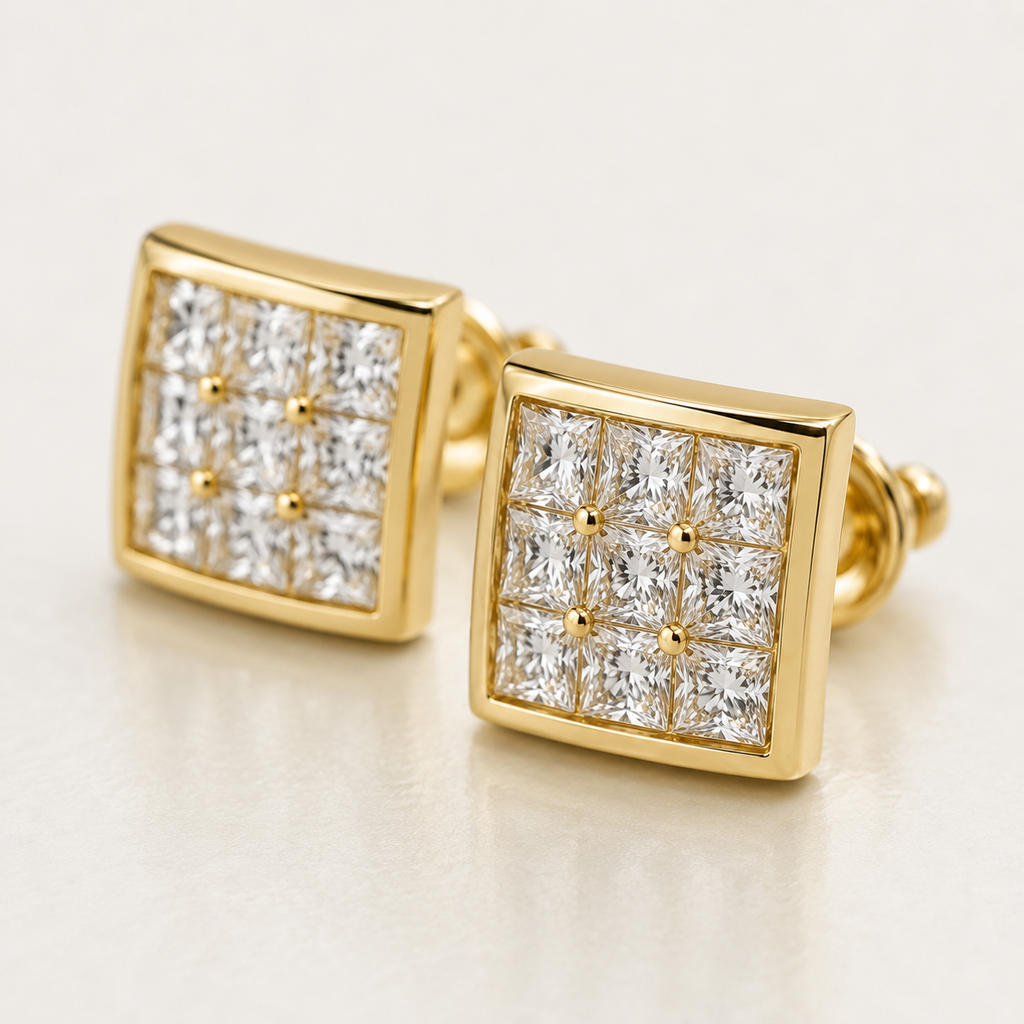 Gold Square Pavé Zircon Stud Earrings