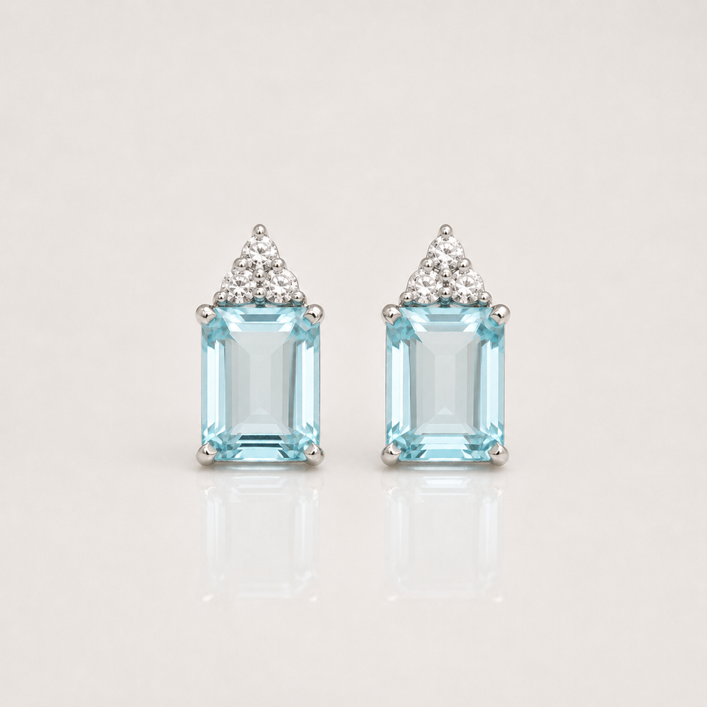 Light Blue Emerald-Cut Zircon Stud Earrings