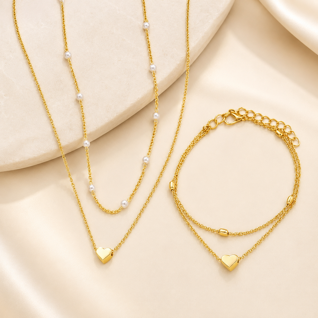 Elegant Pearl Heart Necklace & Bracelet Set