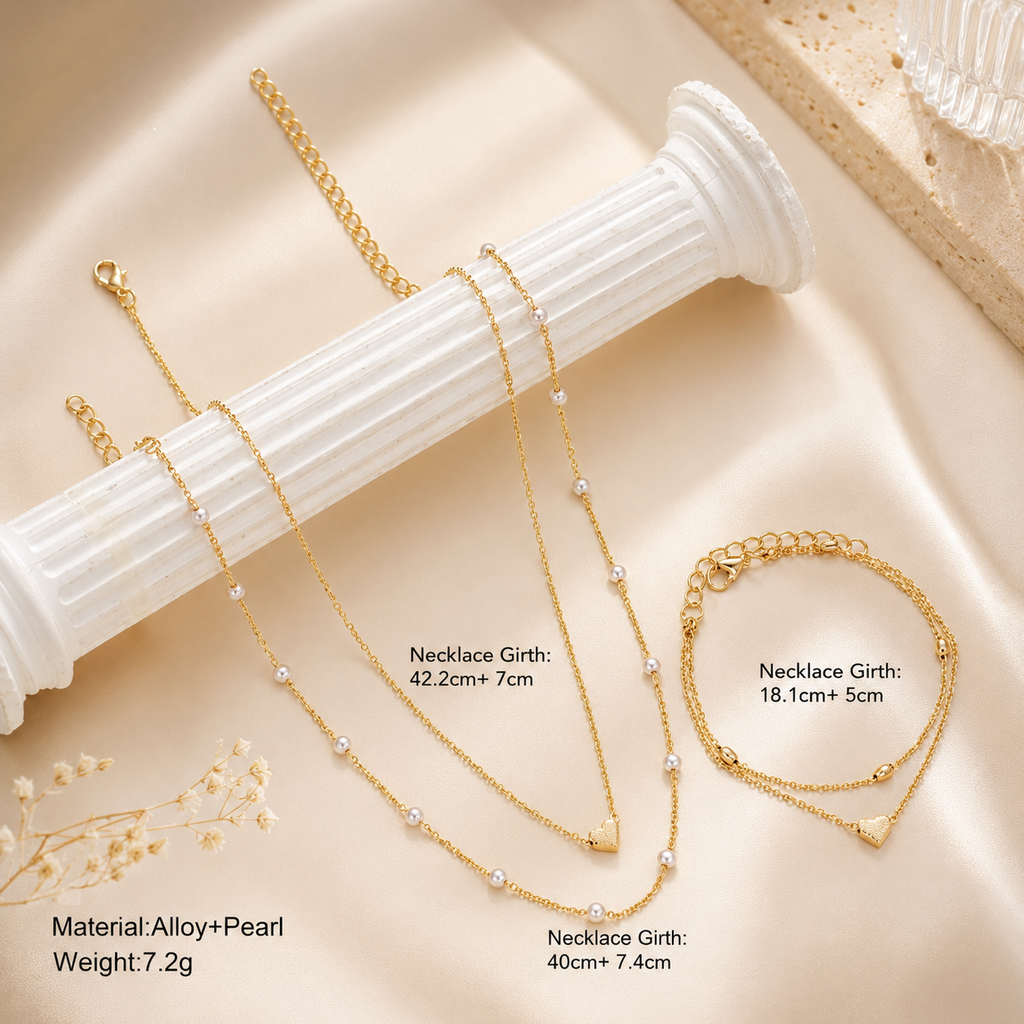Elegant Pearl Heart Necklace & Bracelet Set