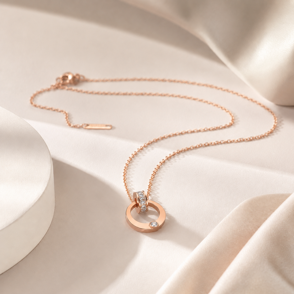 Stainless Steel Double Circle Zirconia Necklac