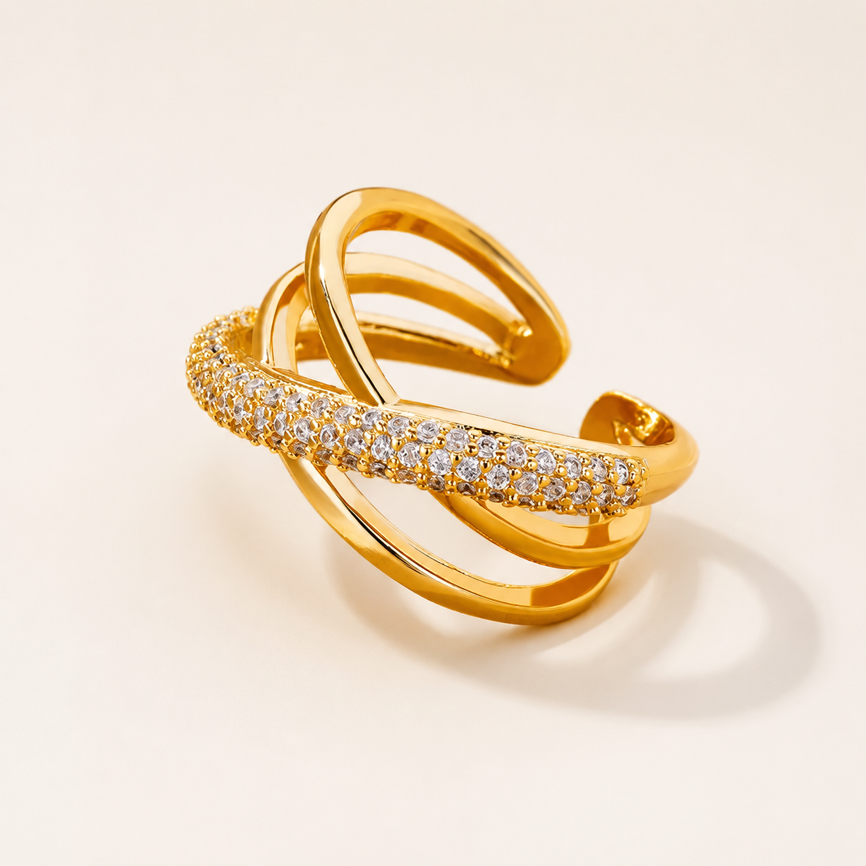 Geometric Stainless Steel Ring with 18k Gold Plating and Zirconia