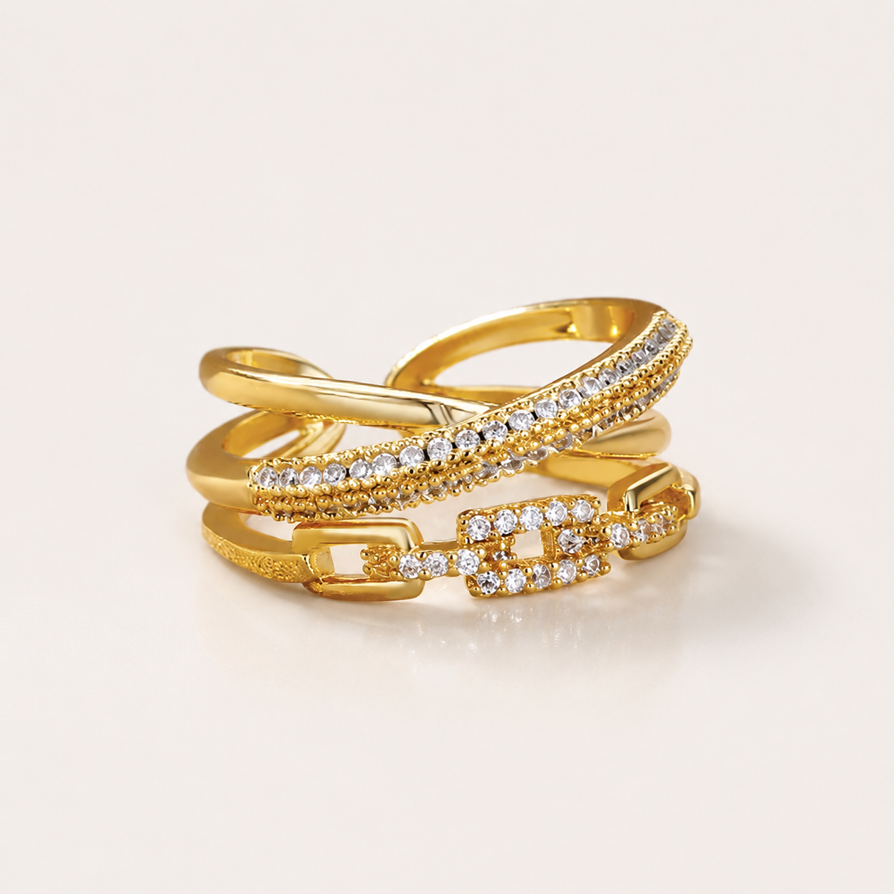 Geometric Stainless Steel Ring with 18k Gold Plating and Zirconia