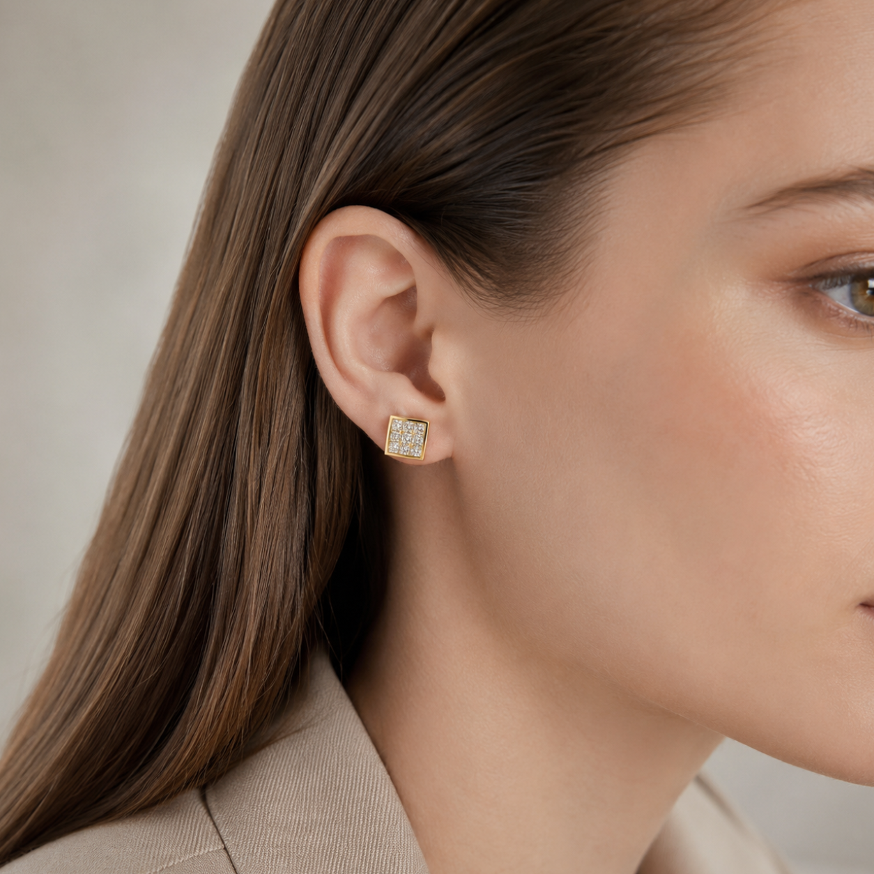 Gold Square Pavé Zircon Stud Earrings