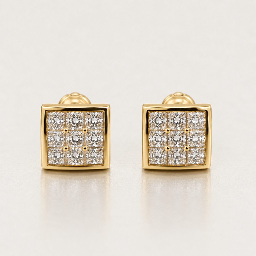 Gold Square Pavé Zircon Stud Earrings