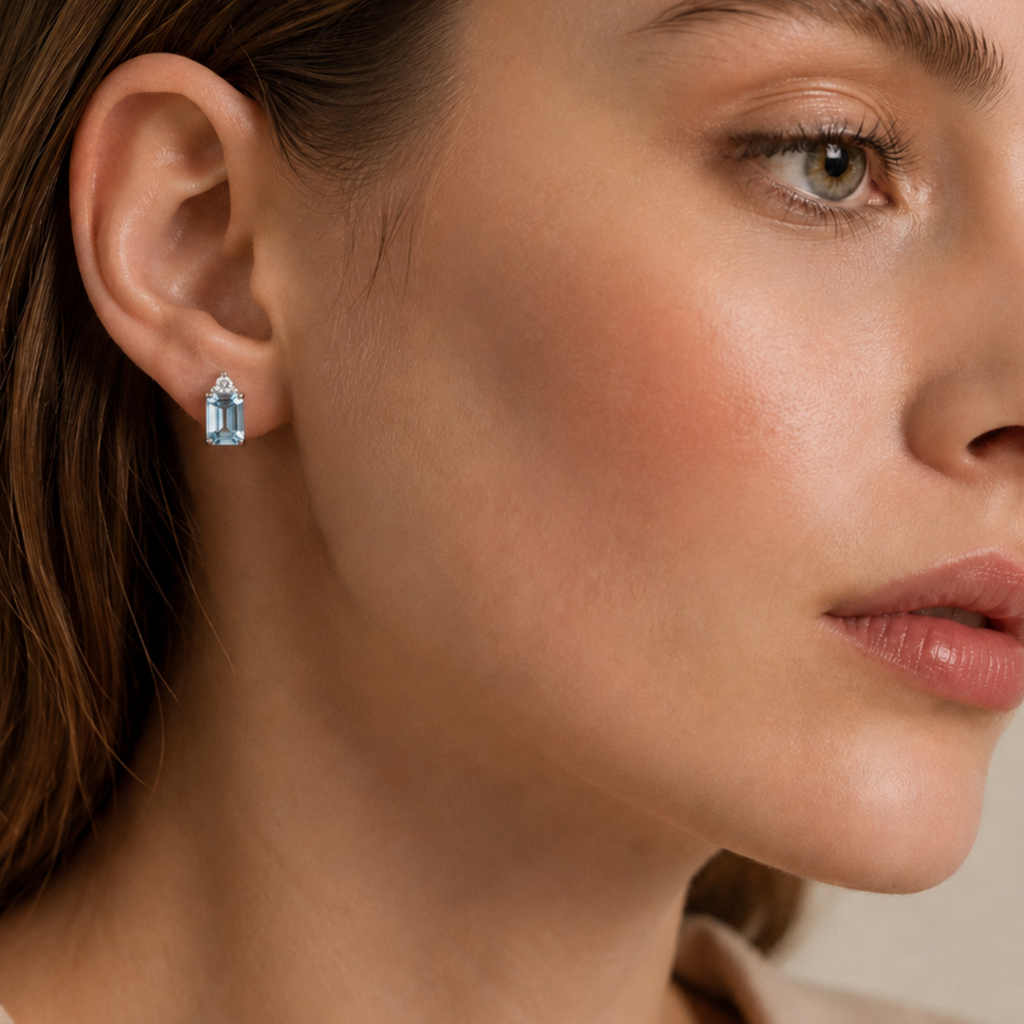 Light Blue Emerald-Cut Zircon Stud Earrings