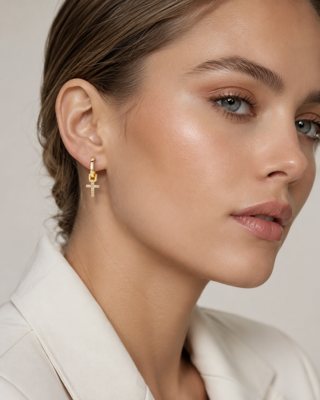 Stainless Steel Zircon Cross Hoop Drop Earrings