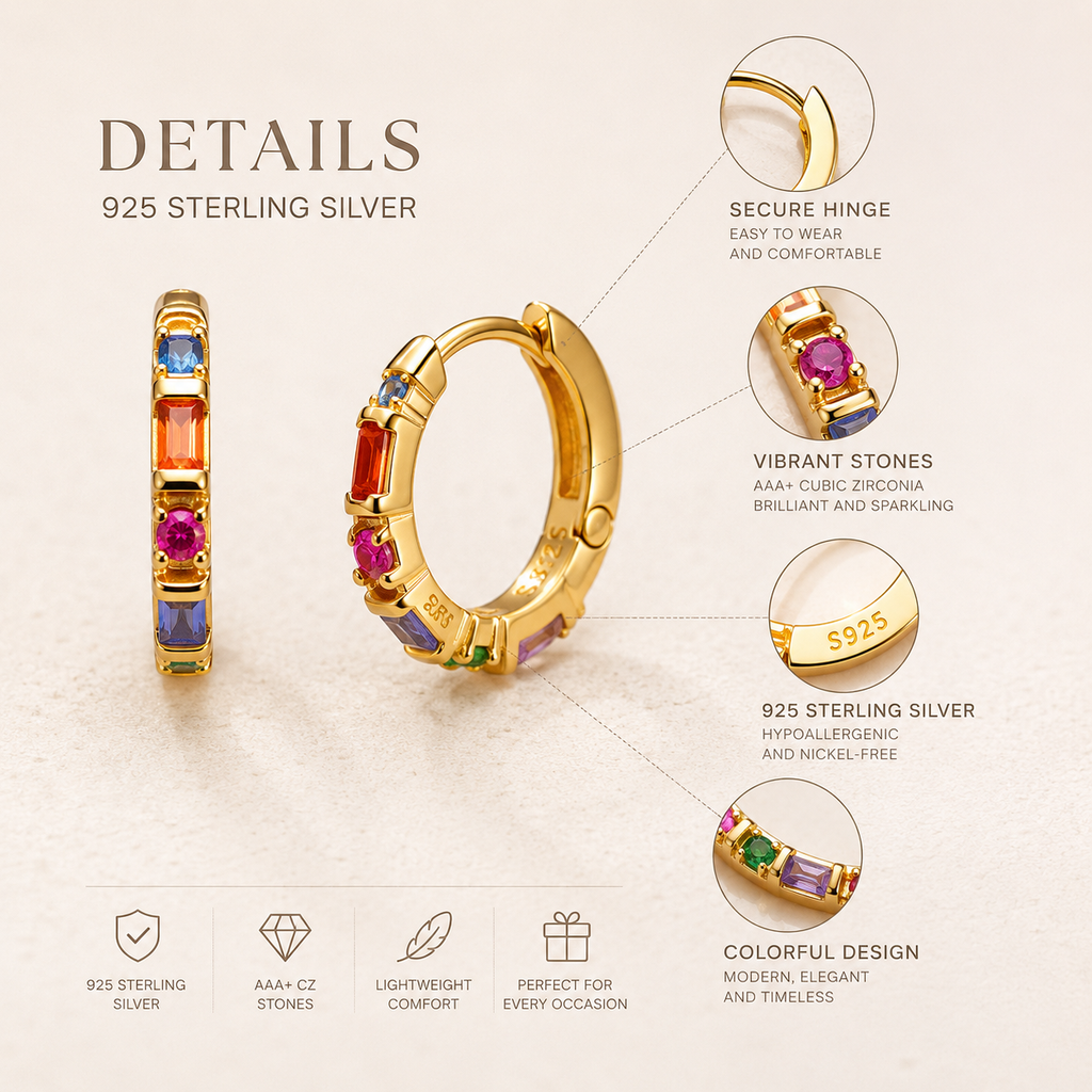 Boucles d'oreilles créoles à charnière avec pierres colorées, bijou fin style Europe, cadeau en argent sterling massif 925 pour femmes  