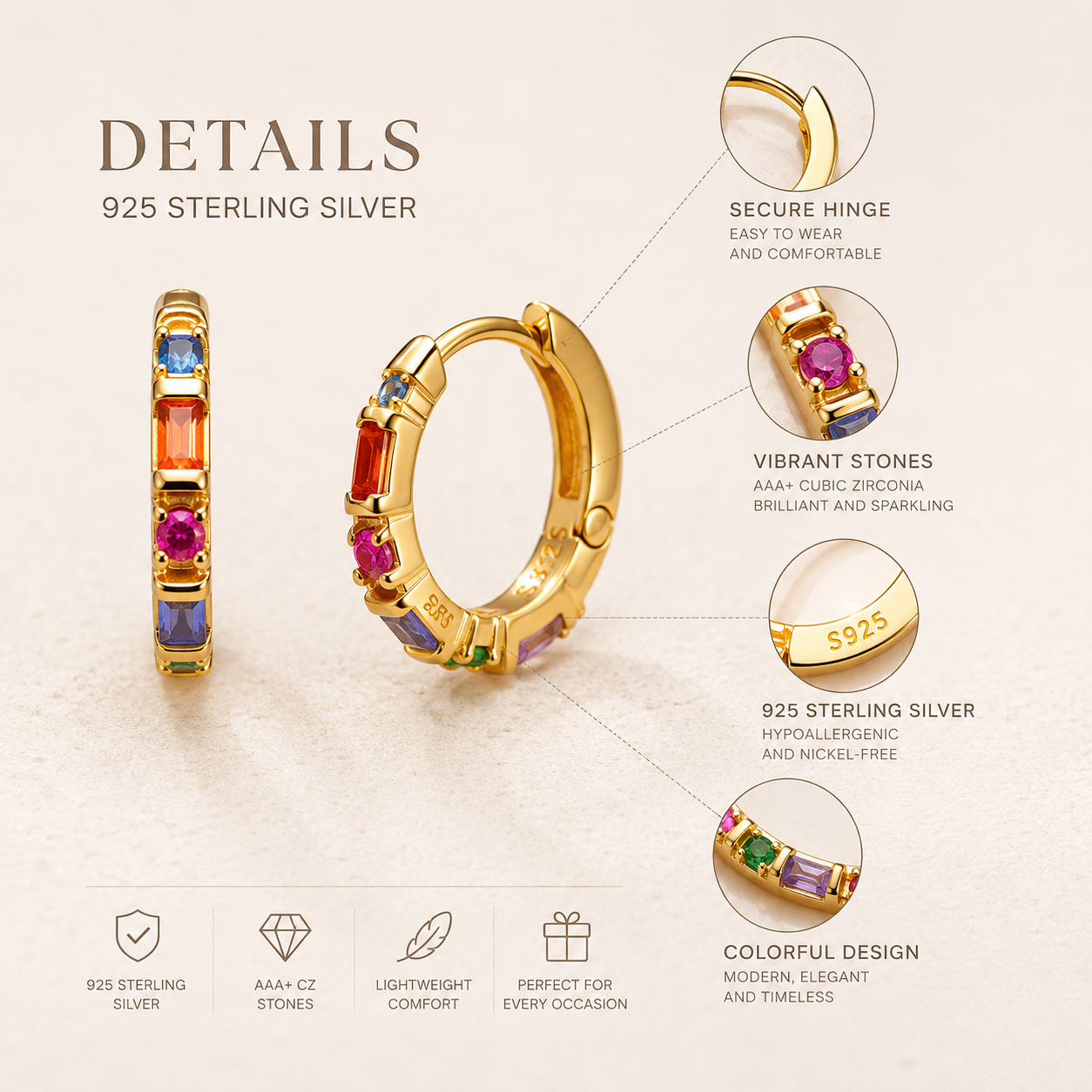 Boucles d'oreilles créoles à charnière avec pierres colorées, bijou fin style Europe, cadeau en argent sterling massif 925 pour femmes  