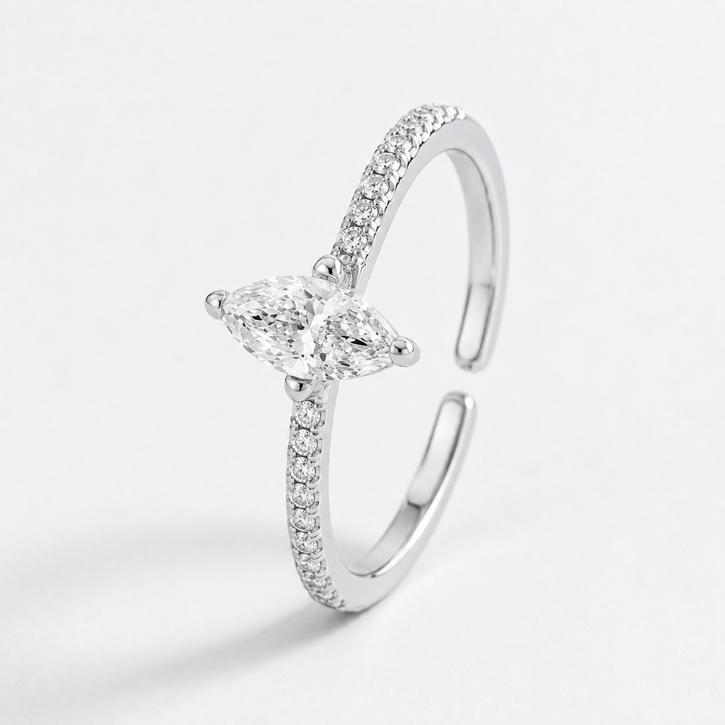 Adjustable 925 Sterling Silver Marquise-Cut Zircon Ring