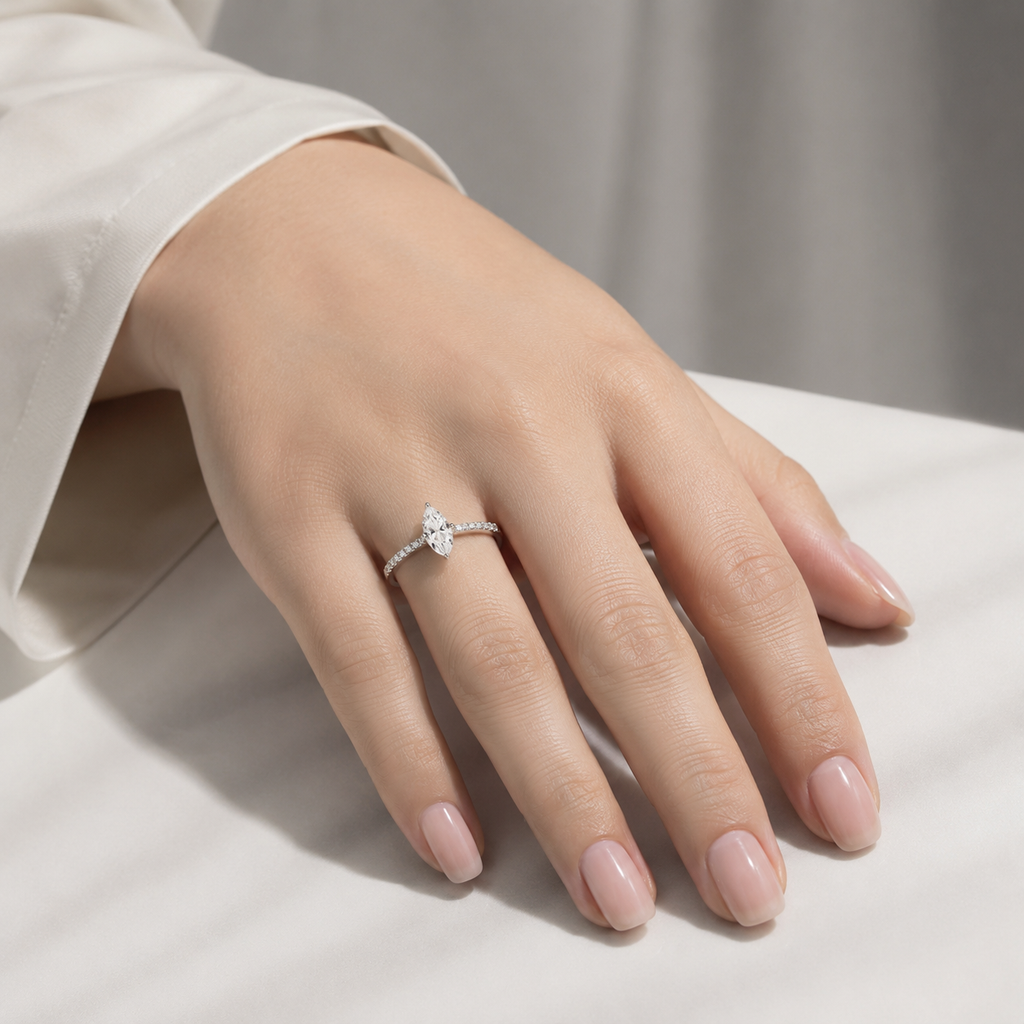 Adjustable 925 Sterling Silver Marquise-Cut Zircon Ring