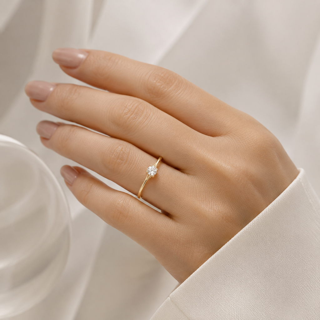 Minimalist 4MM Cubic Zirconia Solitaire Ring in Polished Brass