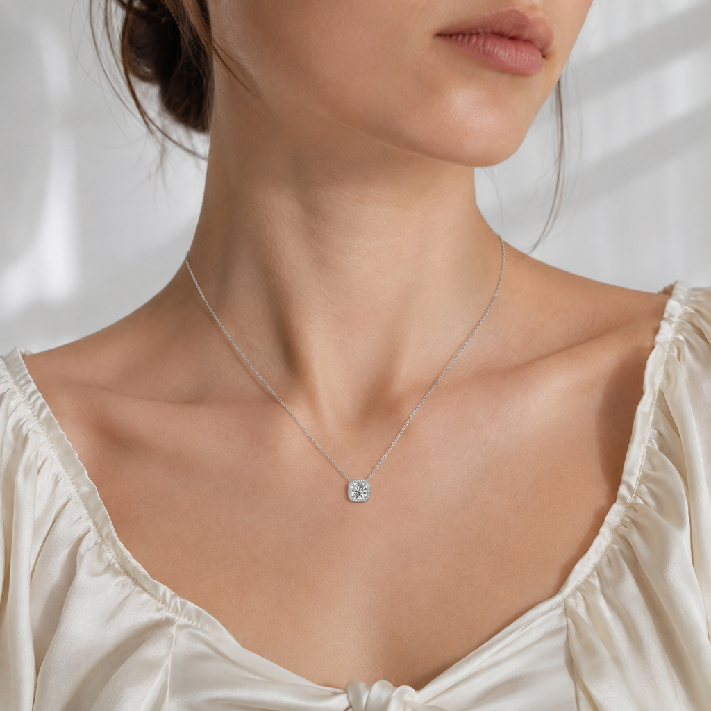 Cushion Halo Cubic Zirconia Pendant Necklace