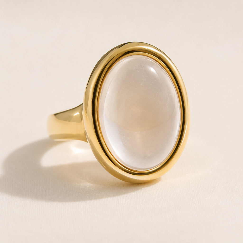 Uworld Klassischer Eiförmiger Transparenter Harzring Für Frauen 18K PVD Vergoldeter Edelstahlring Party Exquisiter Schmuck