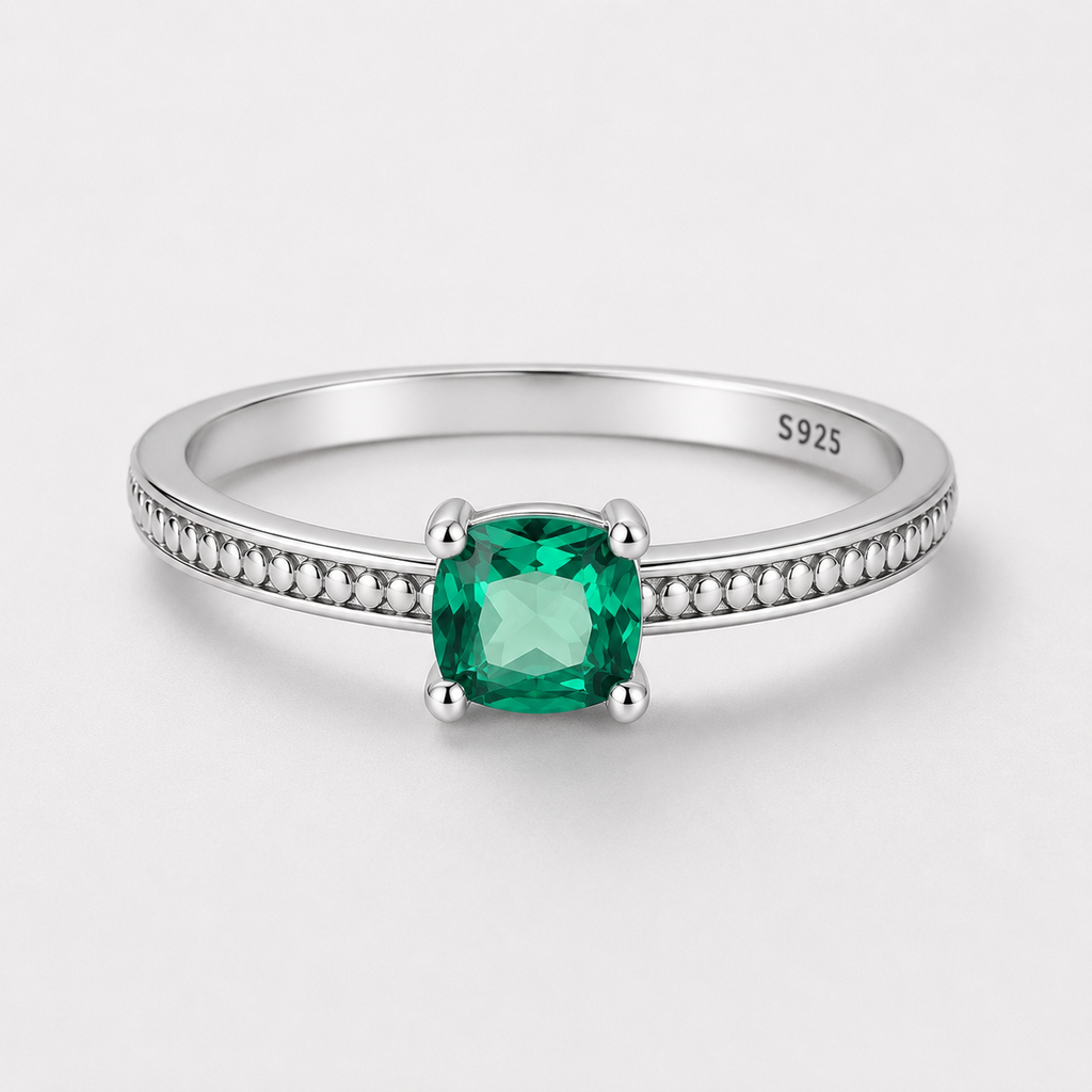 Emerald Cushion Sterling Silver Ring