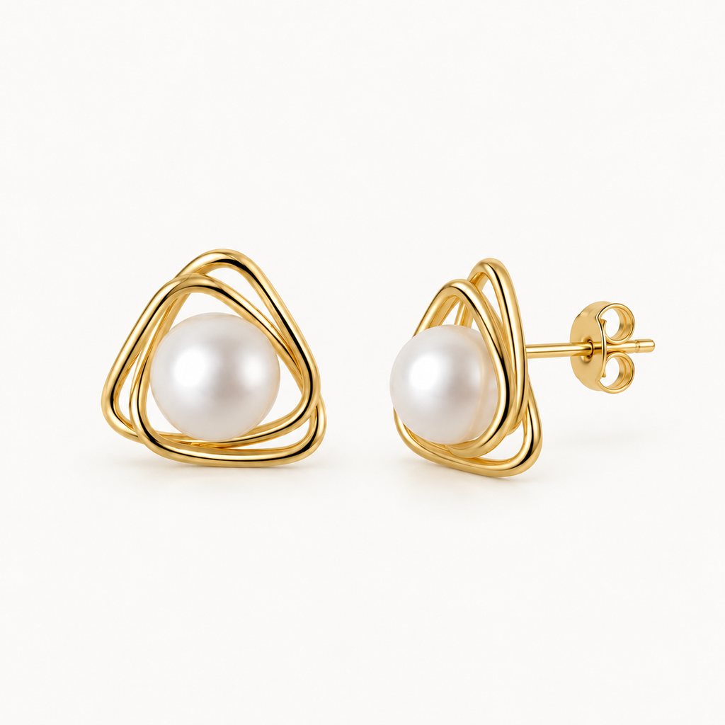 Geometric Pearl Stud Earrings in 925 Sterling Silver