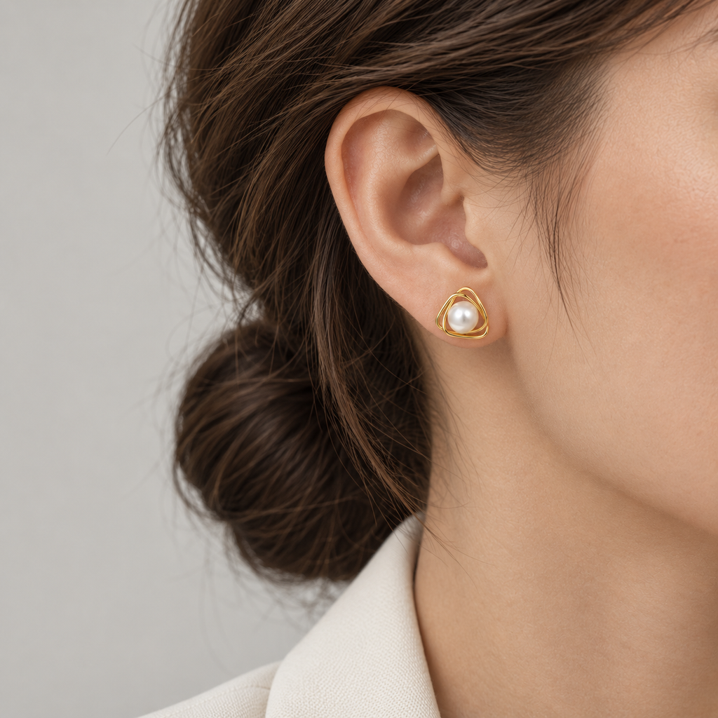 Geometric Pearl Stud Earrings in 925 Sterling Silver