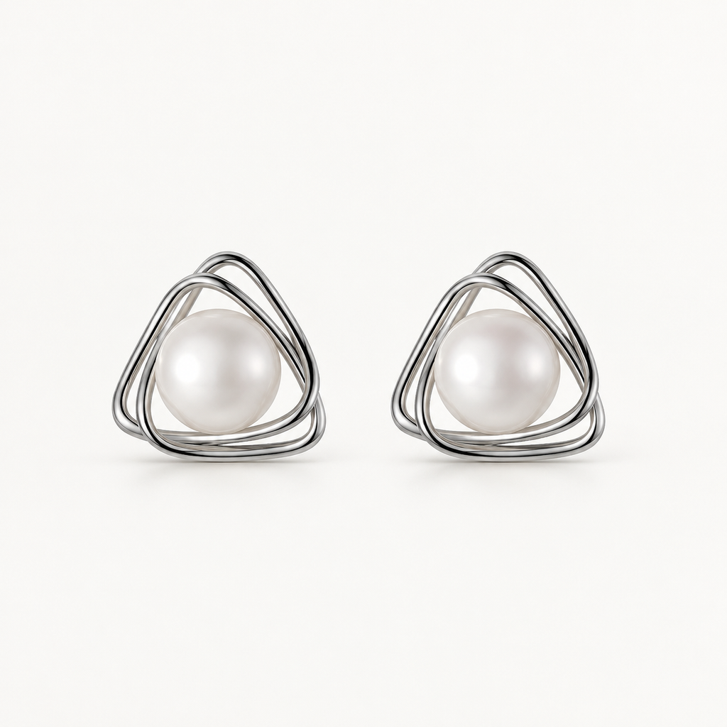 Geometric Pearl Stud Earrings in 925 Sterling Silver