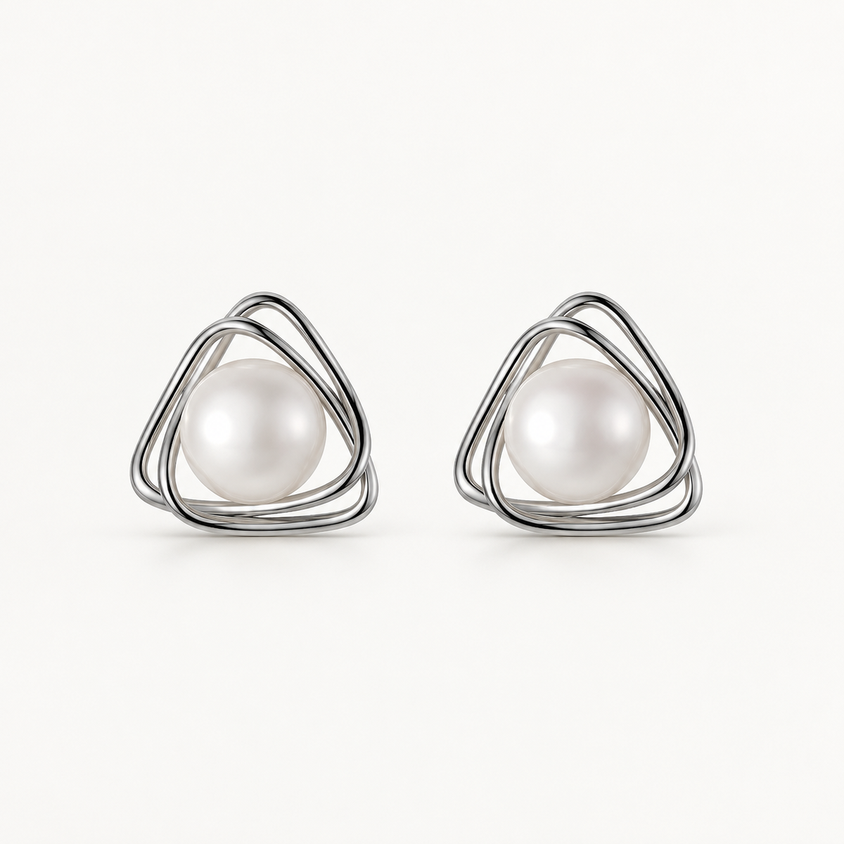 Geometric Pearl Stud Earrings in 925 Sterling Silver