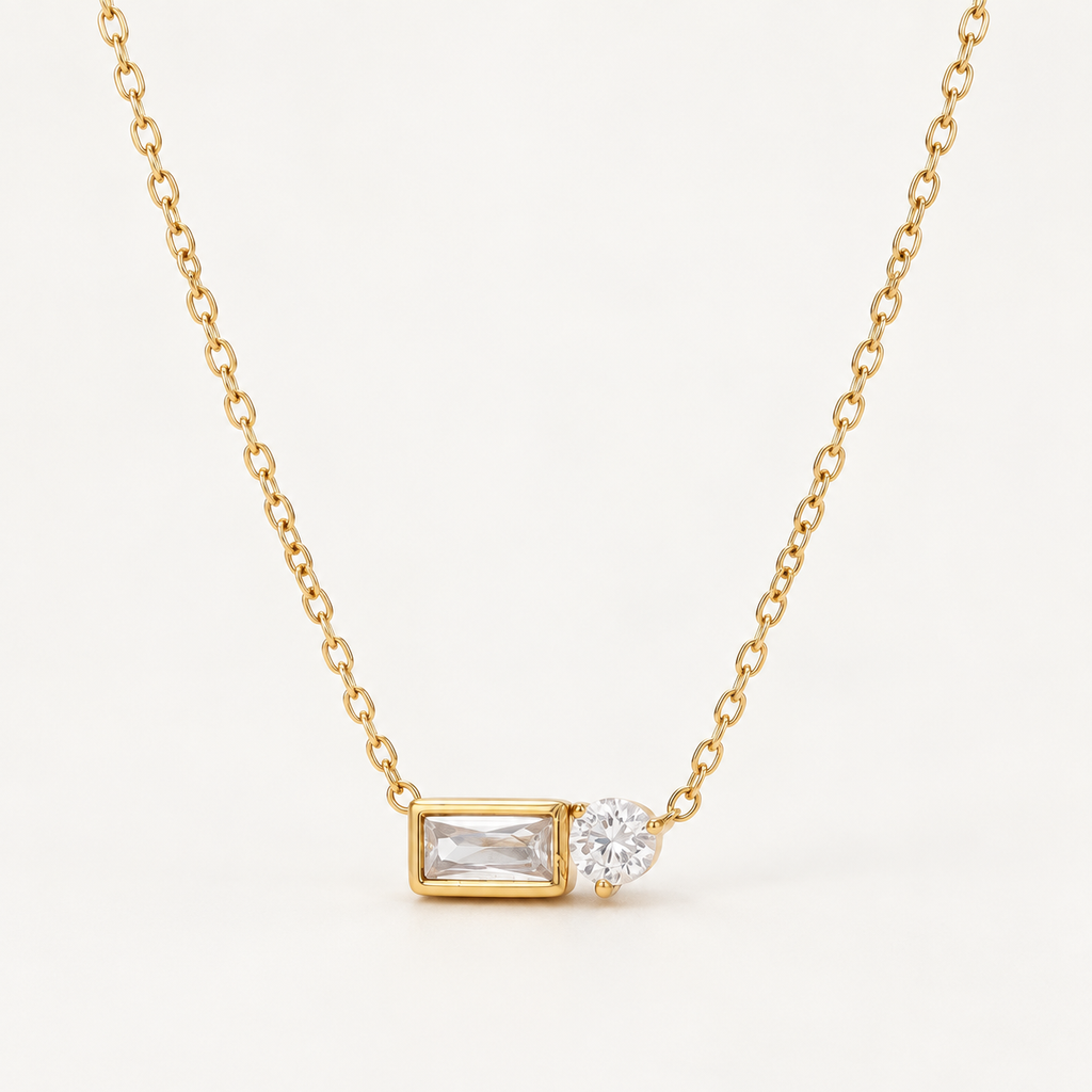Baguette & Round CZ Pendant Necklace – Stainless Steel