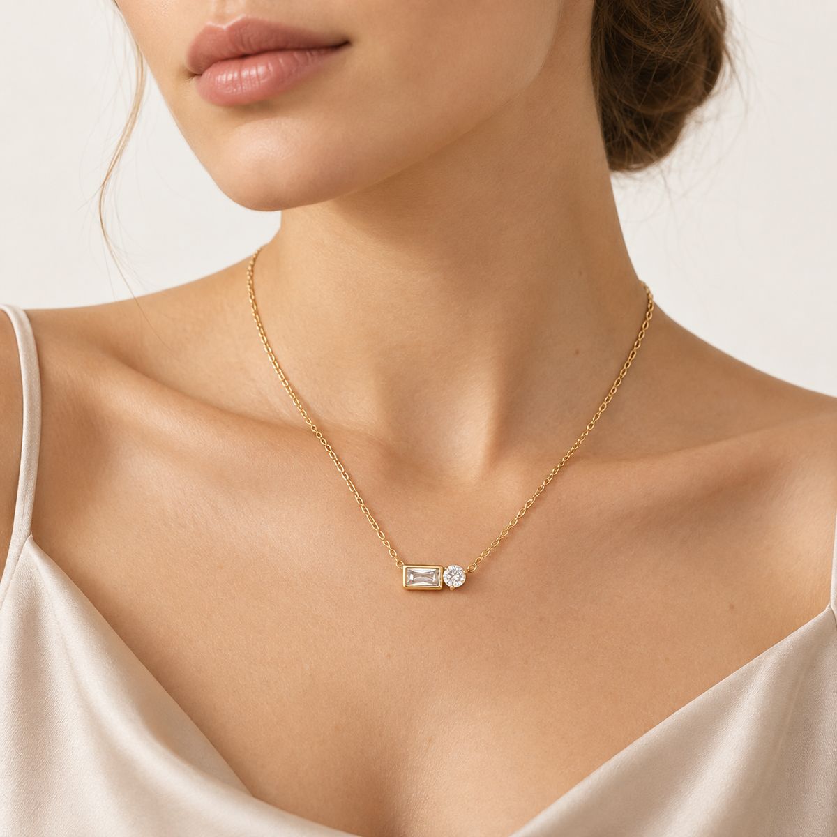 Baguette & Round CZ Pendant Necklace – Stainless Steel