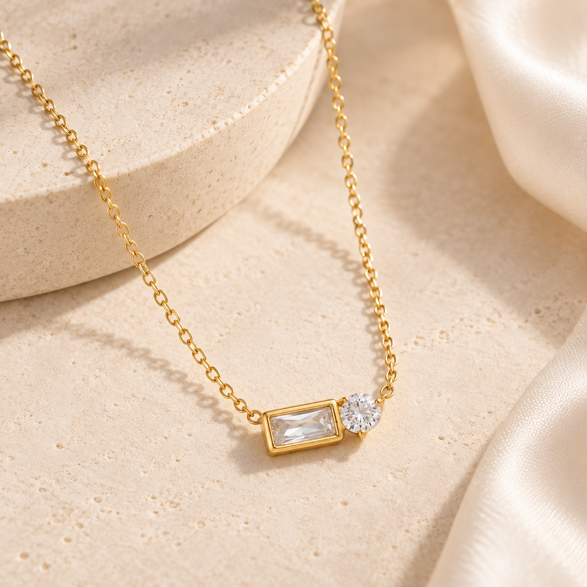 Baguette & Round CZ Pendant Necklace – Stainless Steel