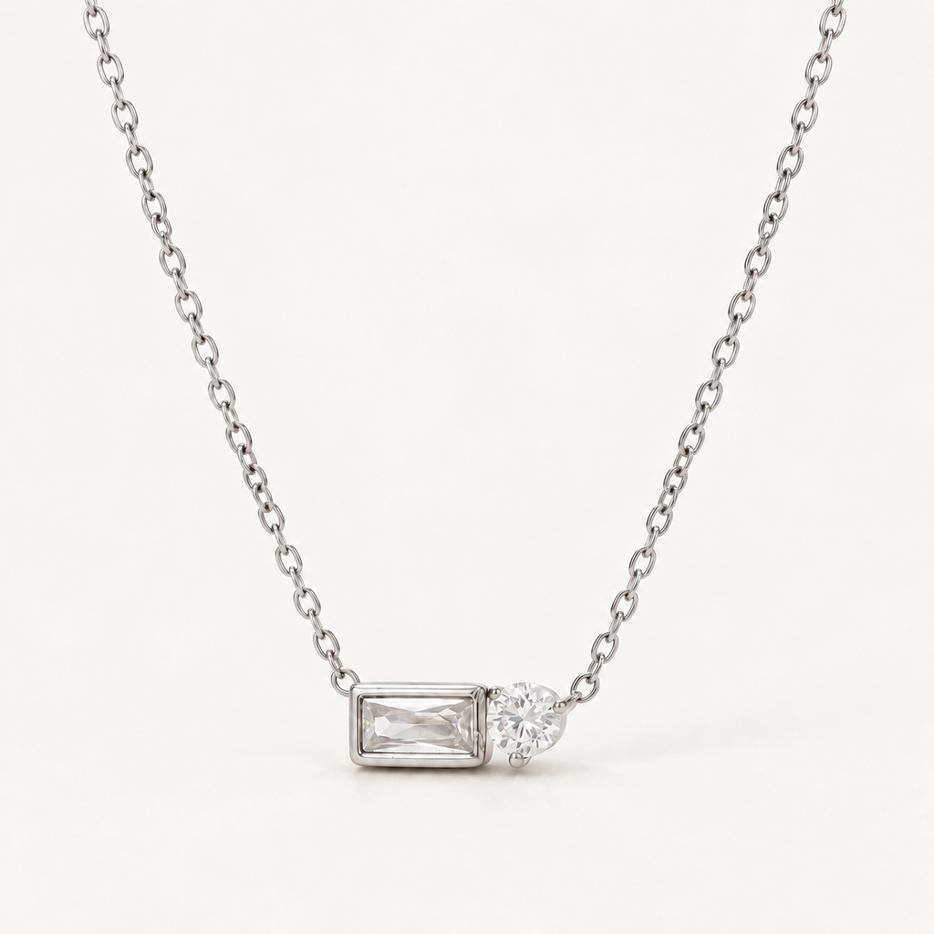 Baguette & Round CZ Pendant Necklace – Stainless Steel