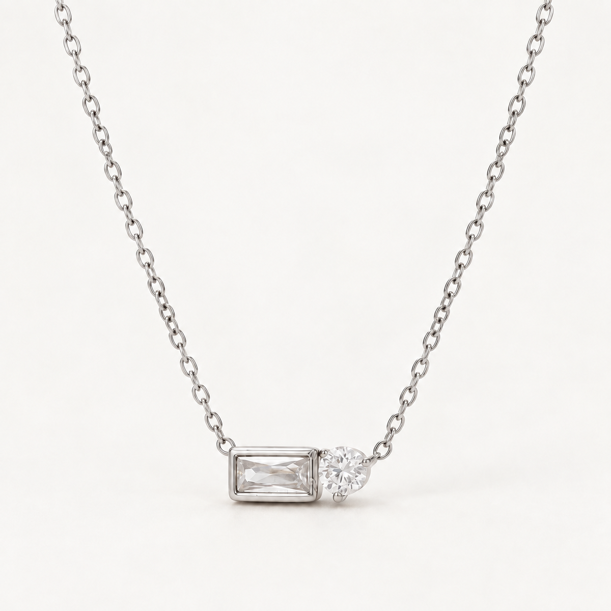 Baguette & Round CZ Pendant Necklace – Stainless Steel