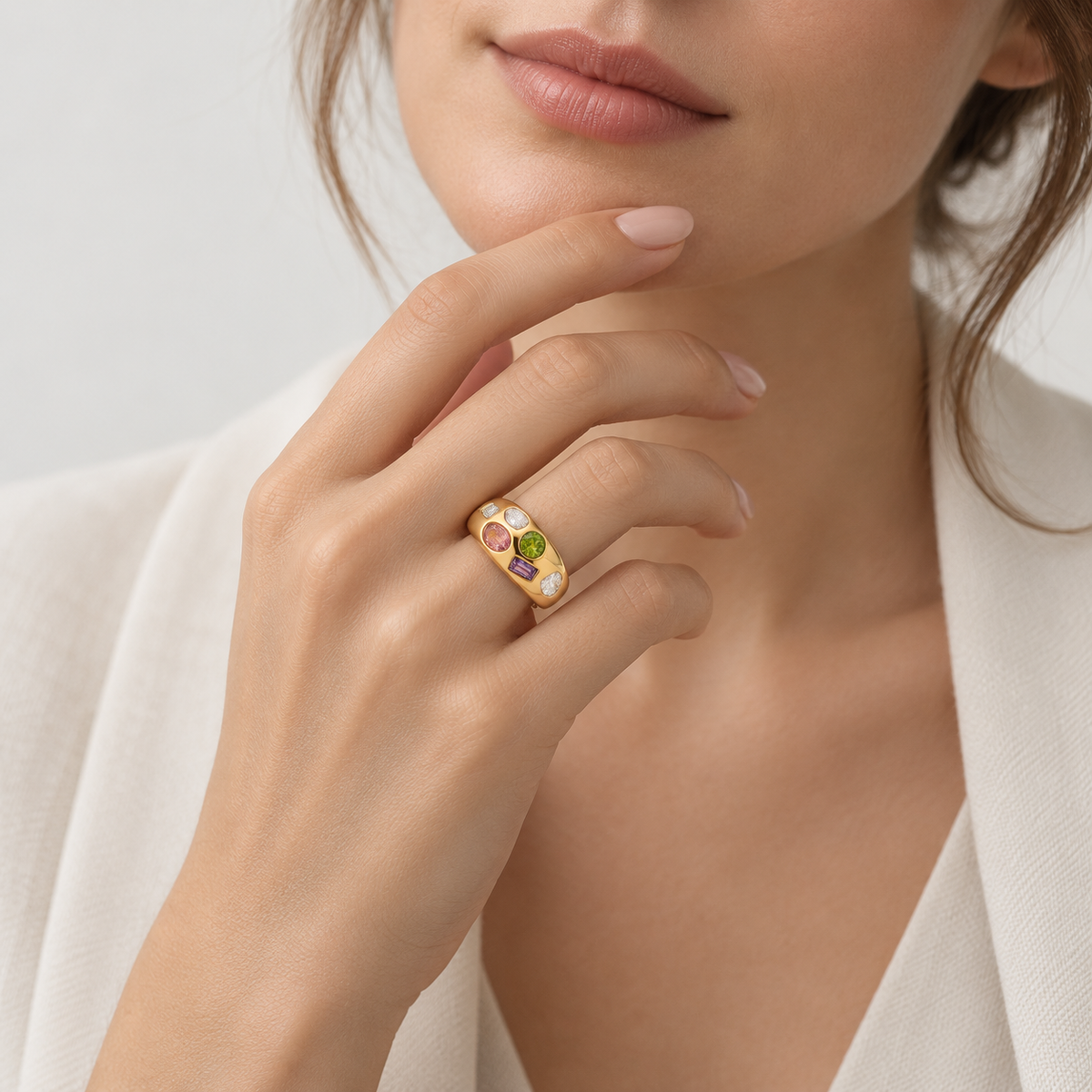 Multicolor Zircon 18K Gold Plated Stainless Steel Ring