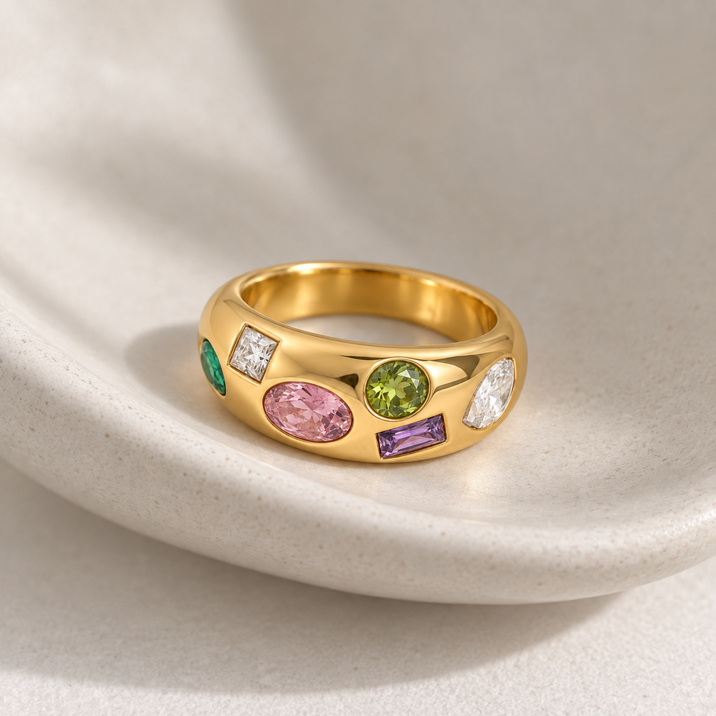 Multicolor Zircon 18K Gold Plated Stainless Steel Ring