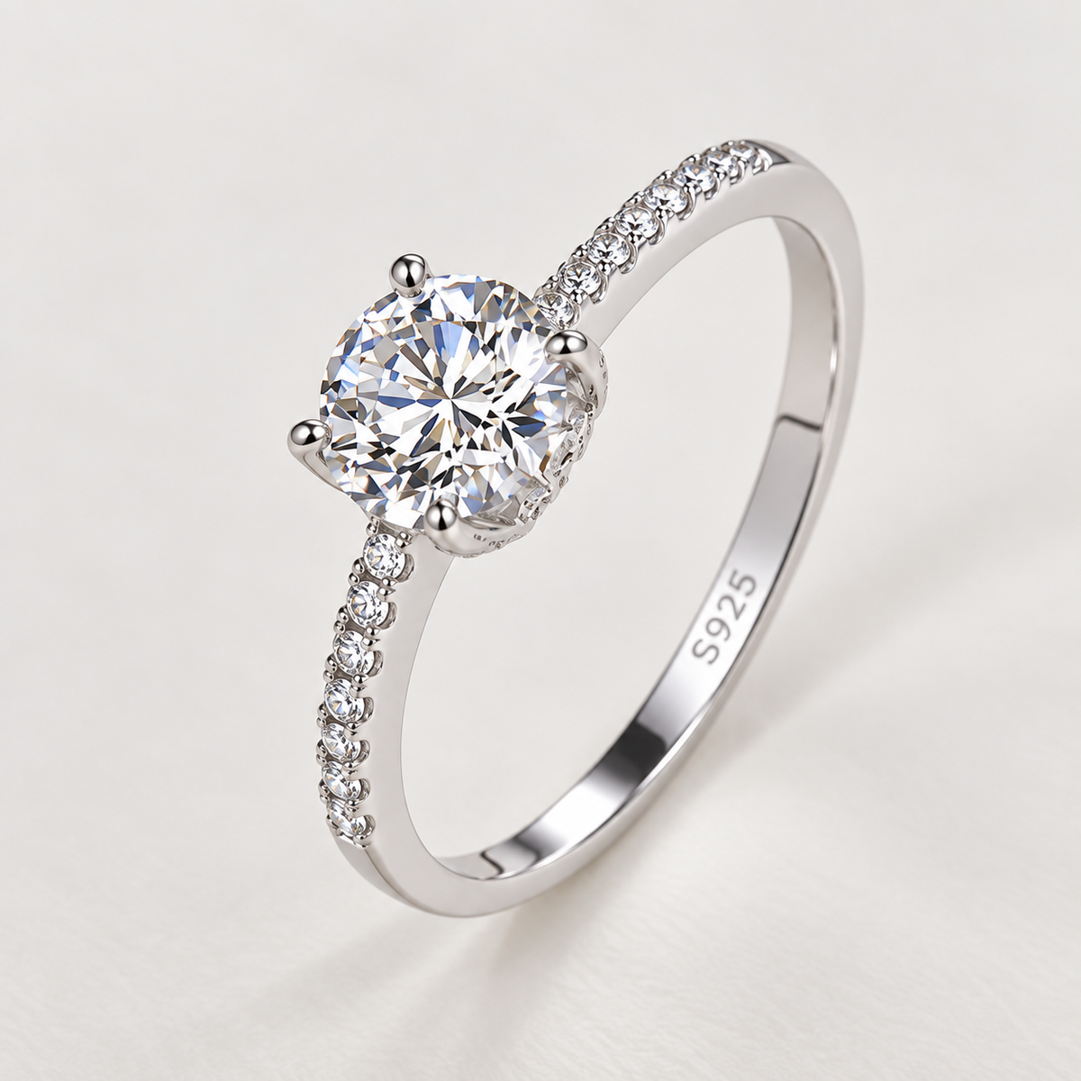 925 Sterling Silver Round Stone Pavé Ring for Women – Classic Elegant Jewelry