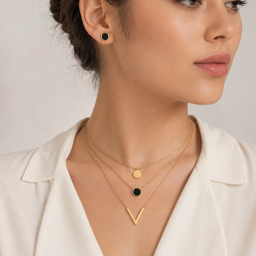 Black Harmony Layered Necklace & Stud Earrings Set