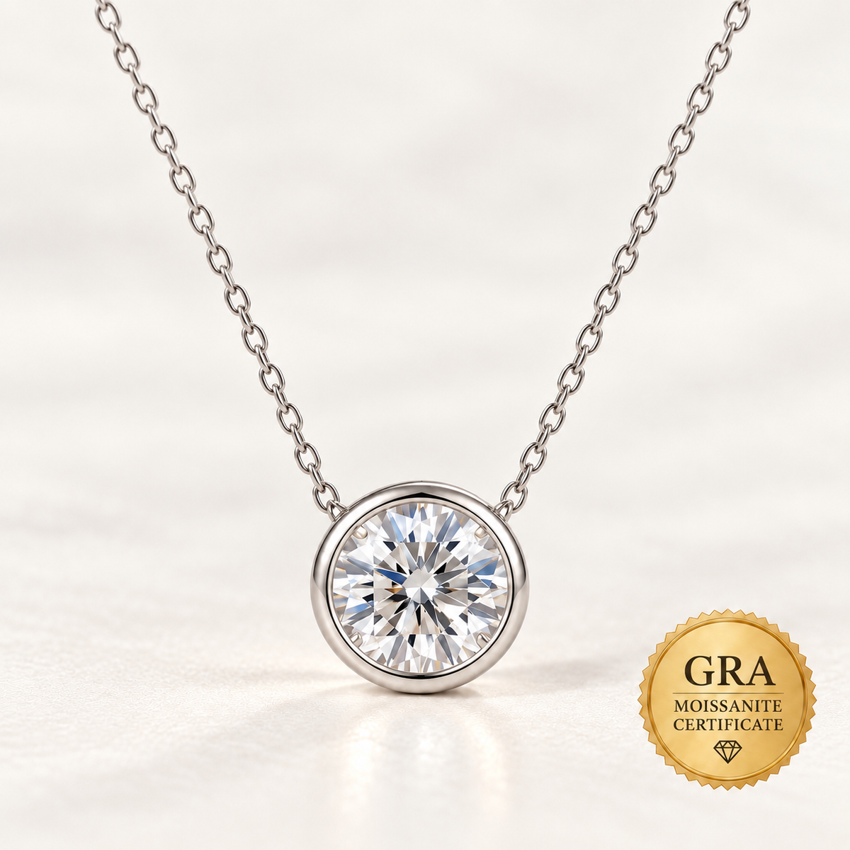1ct Round Moissanite Pendant Necklace for Women – D Color VVS1 GRA Certified.