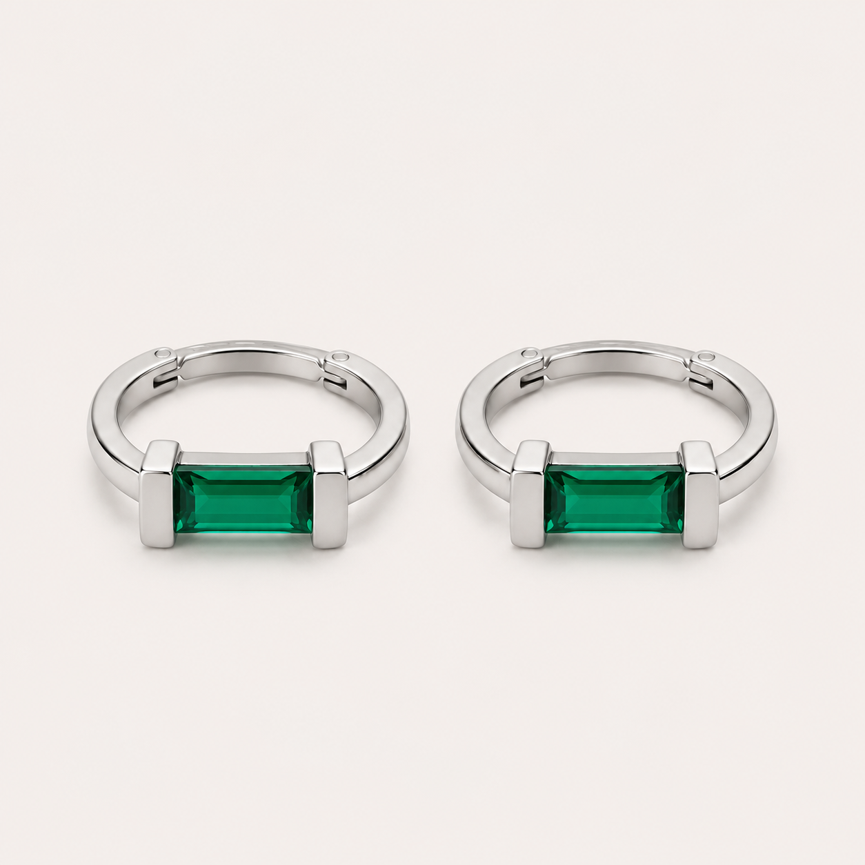 Emerald Baguette Silver Hoops