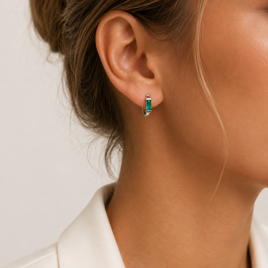 Emerald Baguette Silver Hoops