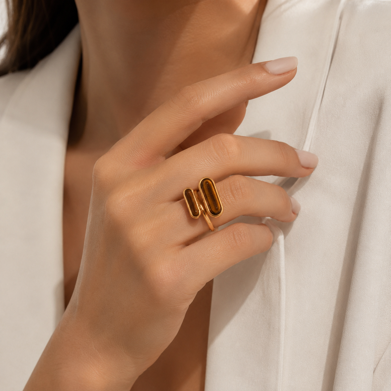 Dual Tiger’s Eye Ring – 18K Gold Plated Adjustable Stainless Steel Statement Ring