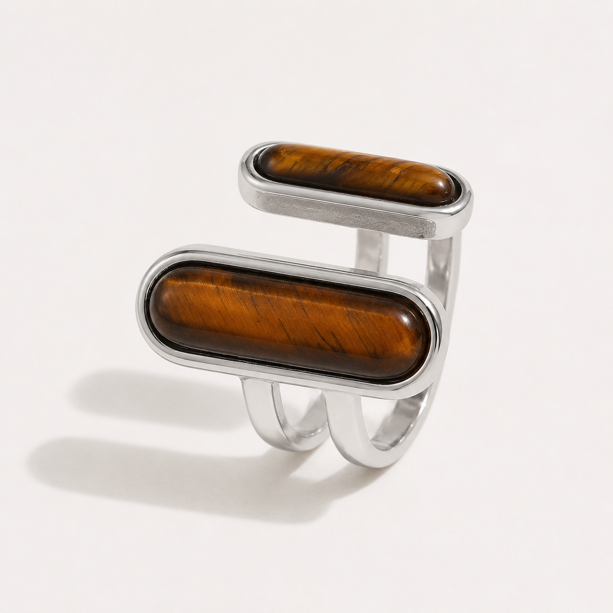 Dual Tiger’s Eye Ring – 18K Gold Plated Adjustable Stainless Steel Statement Ring