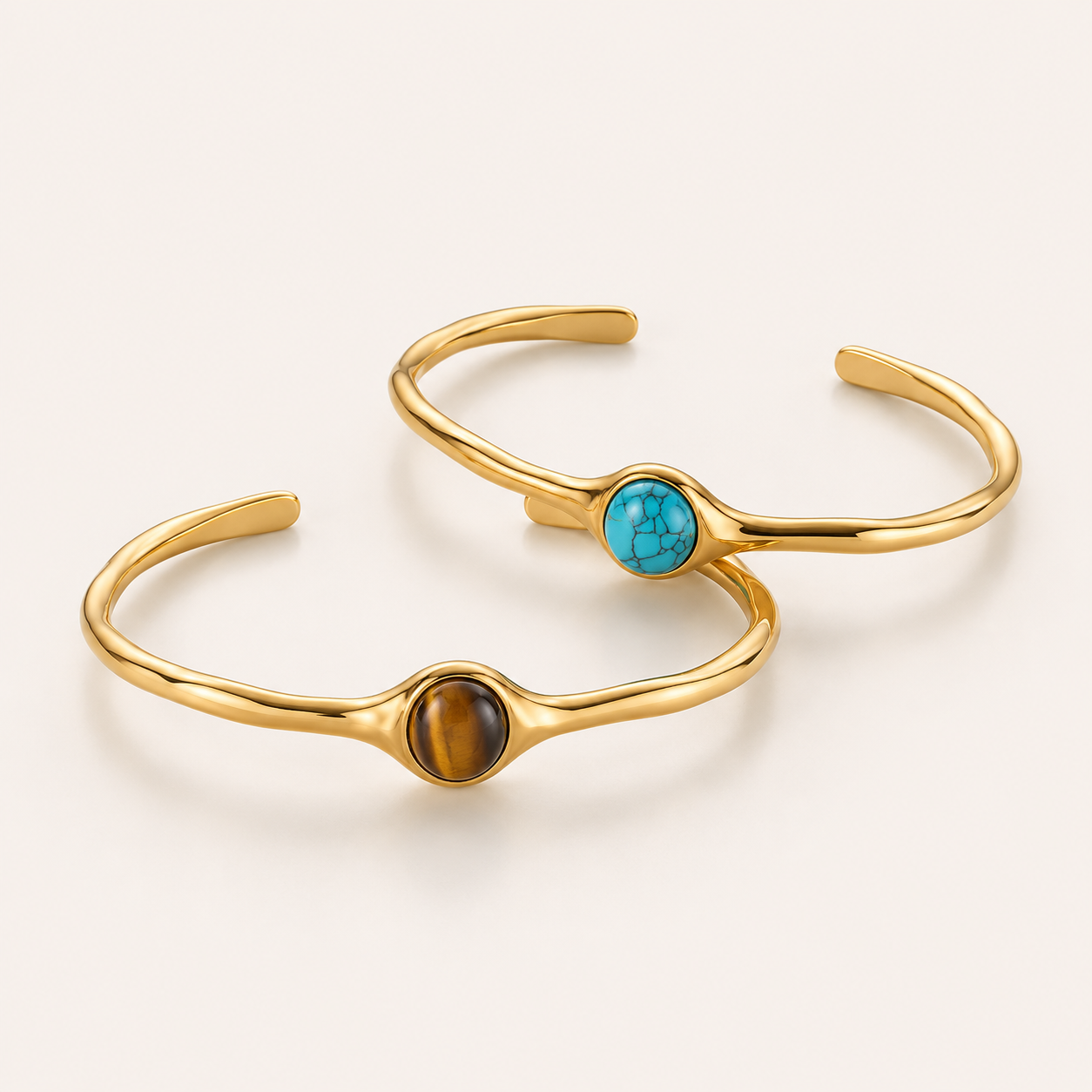 18K Gold-Plated Open Cuff Bracelet with Tiger’s Eye or Turquoise