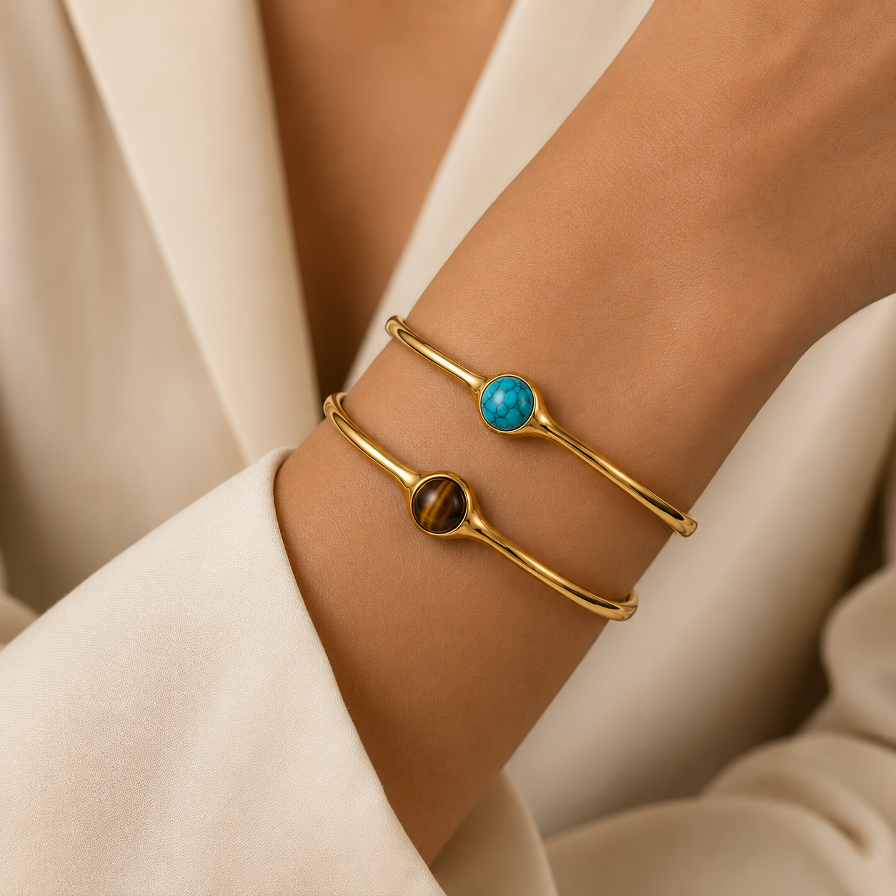18K Gold-Plated Open Cuff Bracelet with Tiger’s Eye or Turquoise