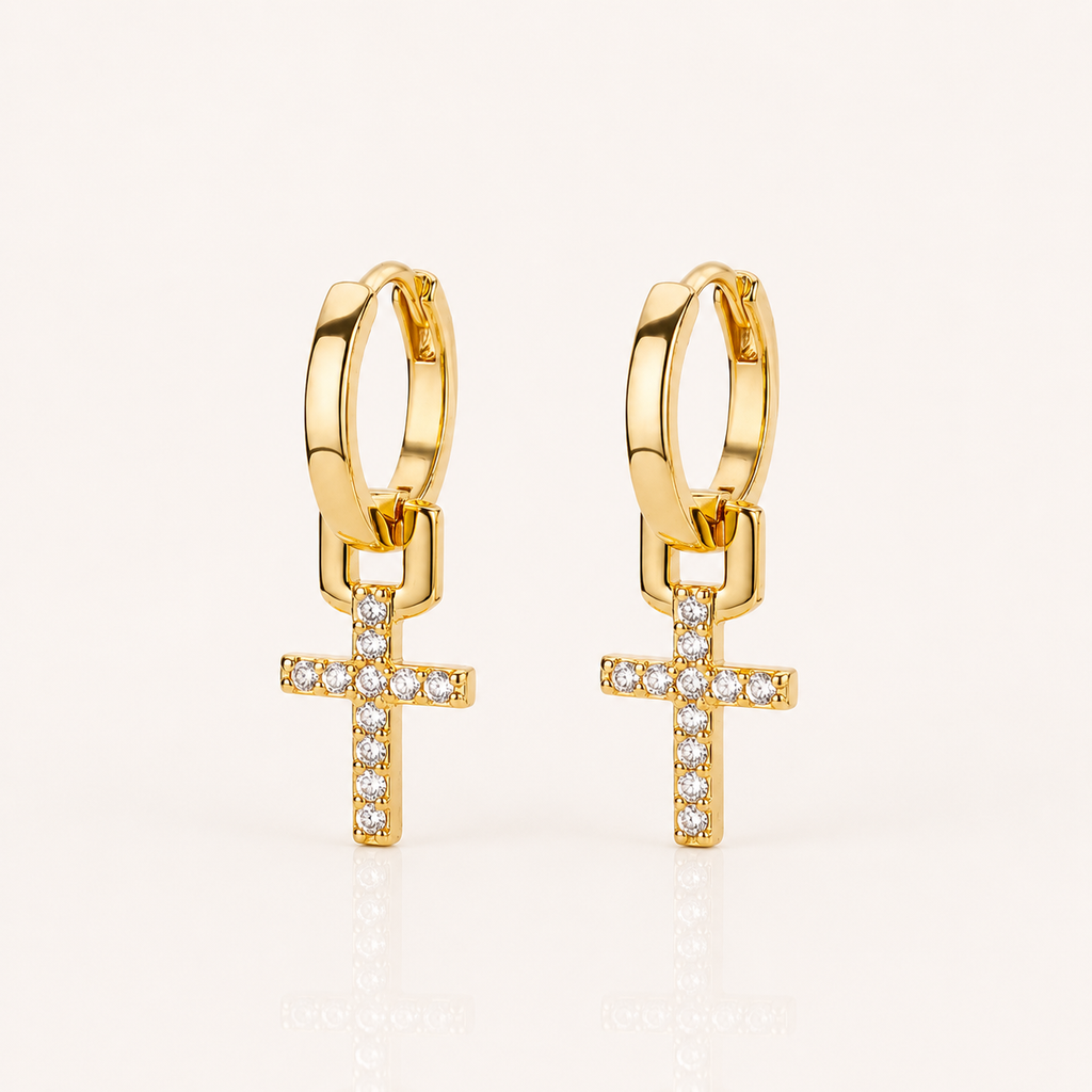 Boucles d'oreilles créoles croix en acier inoxydable avec zircon