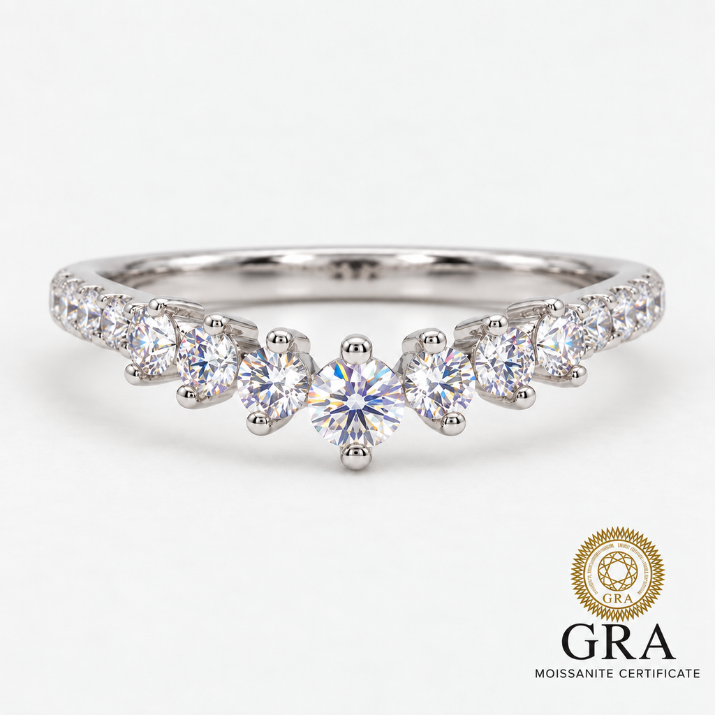 Round Moissanite V-Shaped Crown Ring in Sterling Silver 925