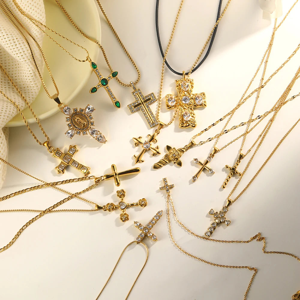 E.B.belle Fashion Style Luxury Clear Zircon Cross Series  Pendant Necklace 18K Gold Plated Stainless Steel Party Women Jewelry
