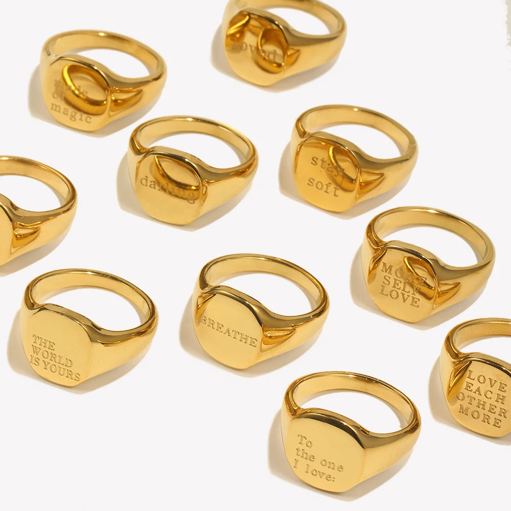 E.B.belle Engrave Jewelry Gift Minimalist Letter Word Suqare Stainless Steel Ring Water Resistant Gold Ring Plated For Women