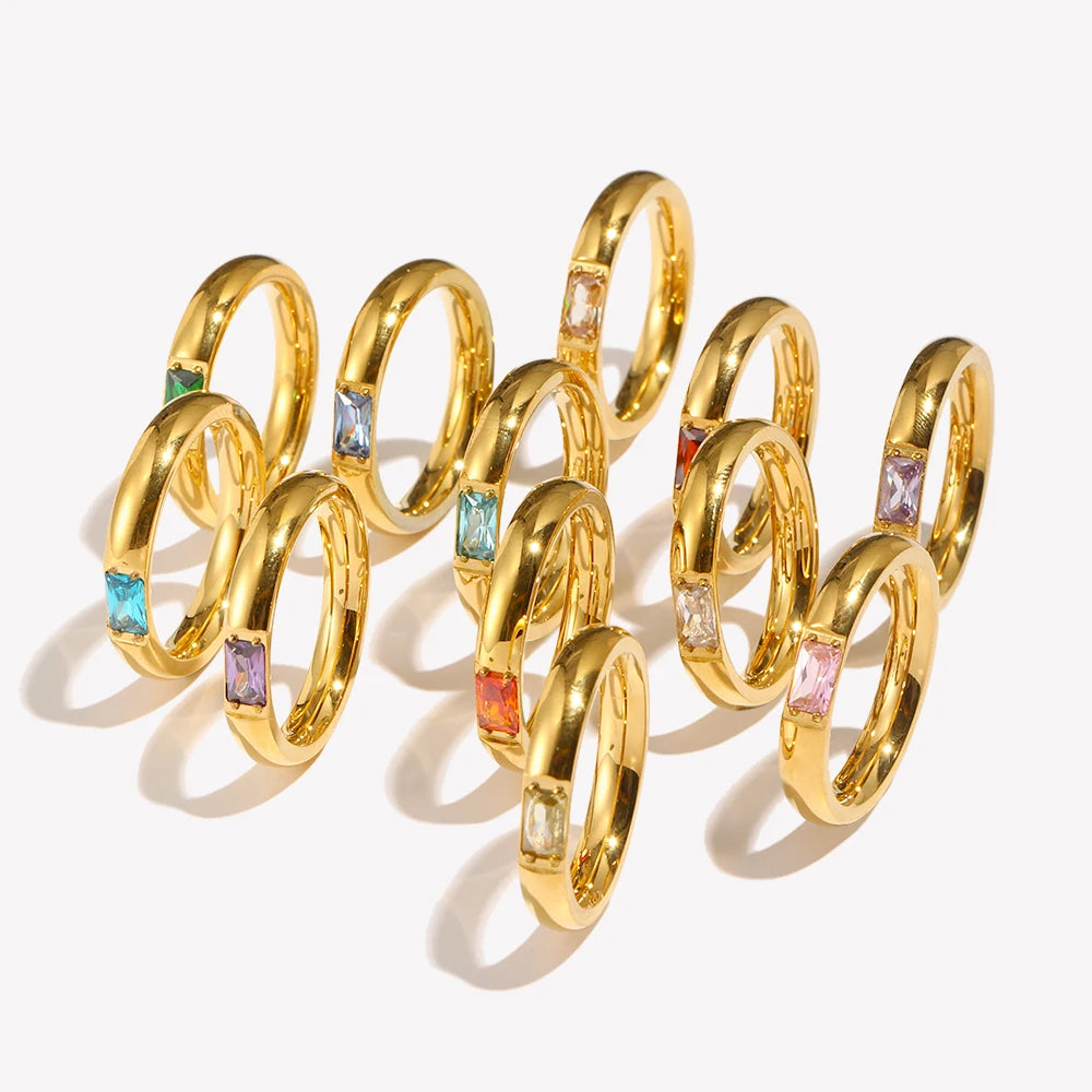 E.B.belle 18K Gold Plated Shiny 12 Colors Birthstone Ring Stainless Steel Gold Plated Zircon Rings Zodiac ConstellationFor Women